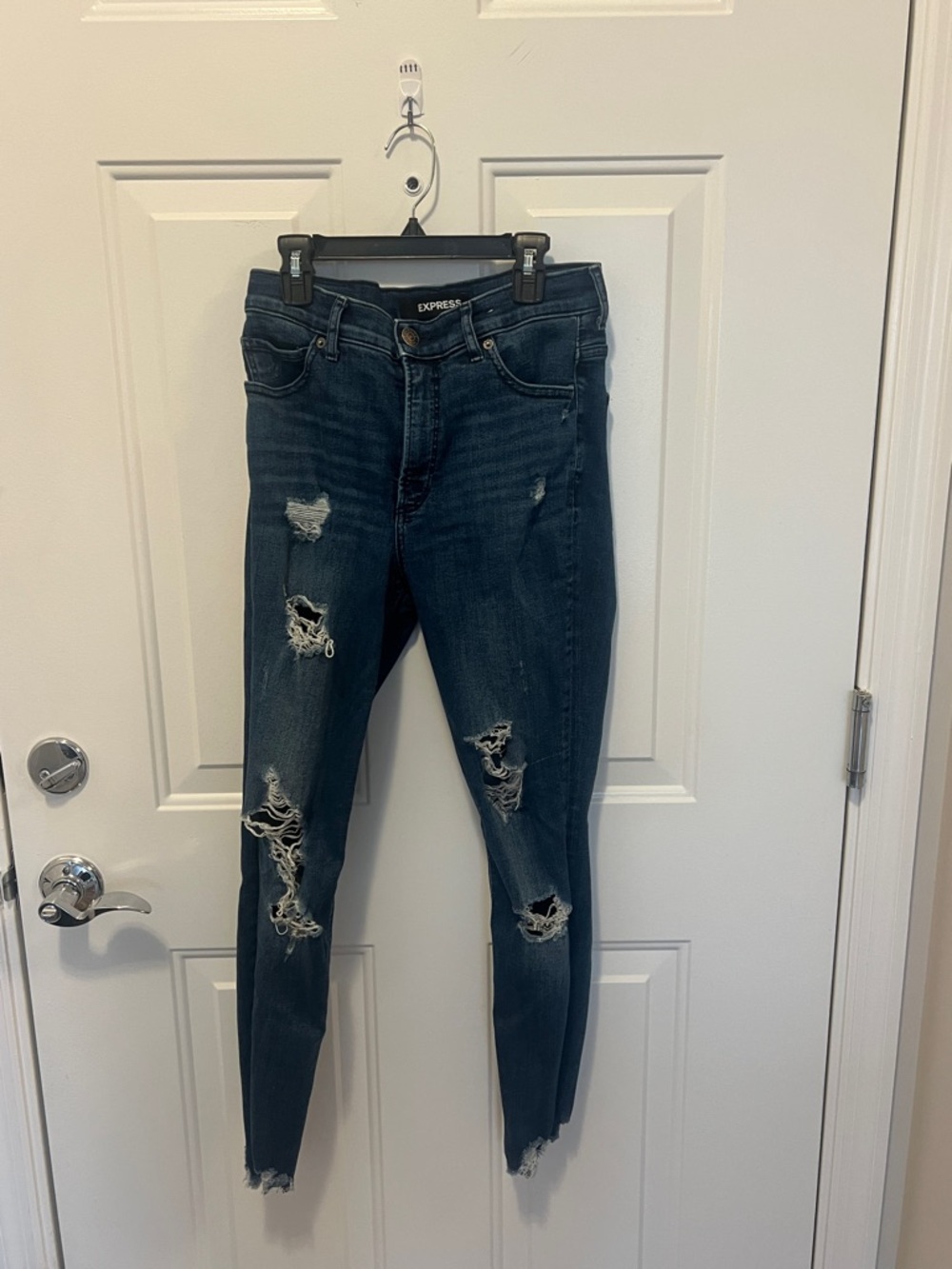 Express Distressed Dark Blue Ankle High Rise Jeans